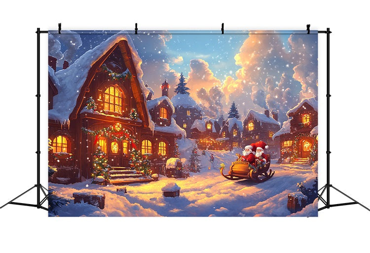 Fondali Fotografici Natale Slitta Di Babbo Natale Luci Del Villaggio Sfondo BRP11-159