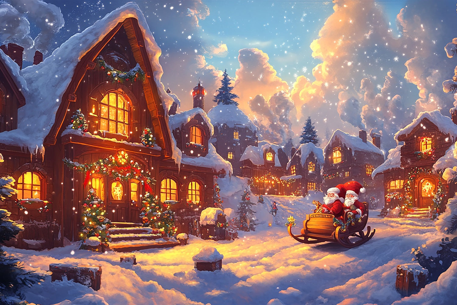 Fondali Fotografici Natale Slitta Di Babbo Natale Luci Del Villaggio Sfondo BRP11-159