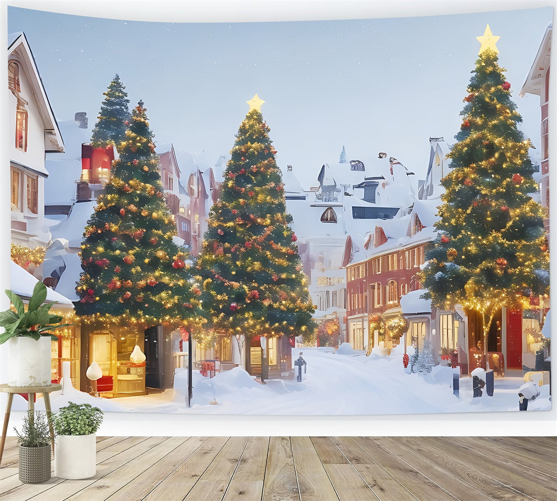 Sfondo Del Villaggio Di Natale Scena Innevata Sfondo Di Alberi Illuminati BRP11-166
