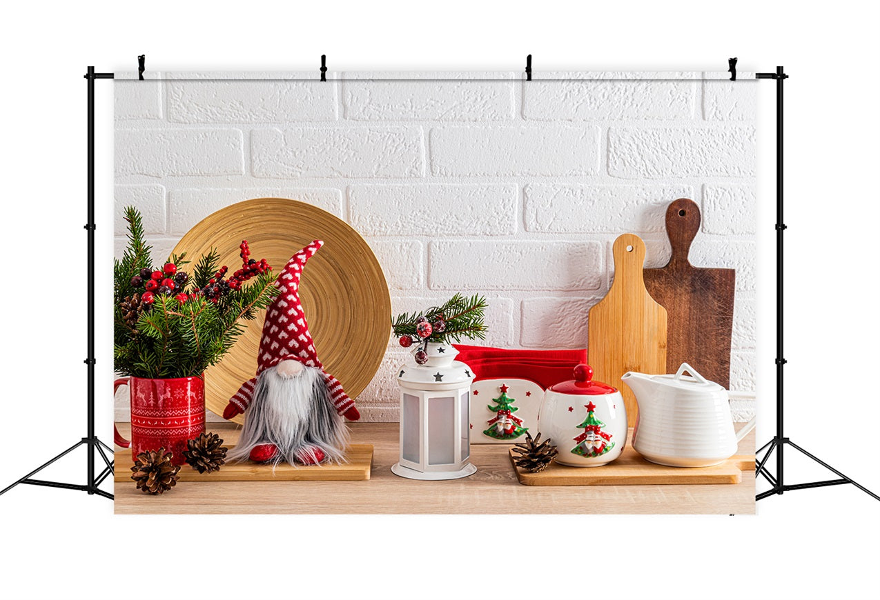 Fondali Fotografici Di Natale Gnomo Da Cucina Sfondo Rosso Con Tazza BRP11-189