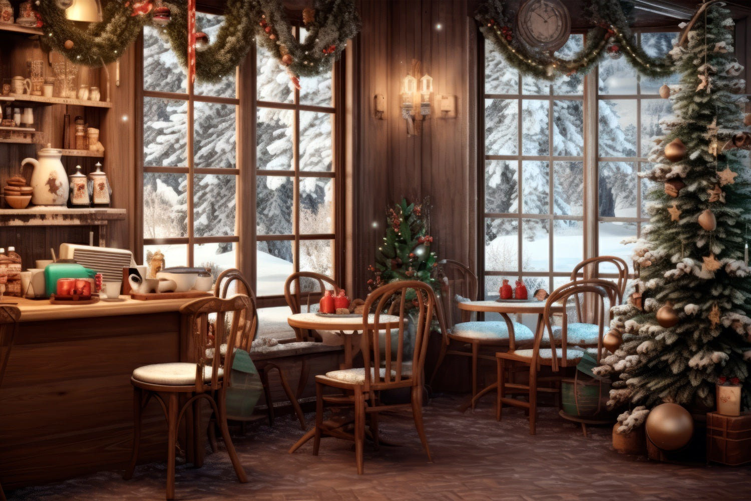 Fondali Natalizi In Tessuto Cafe Snowy Winter View Fondale BRP11-199