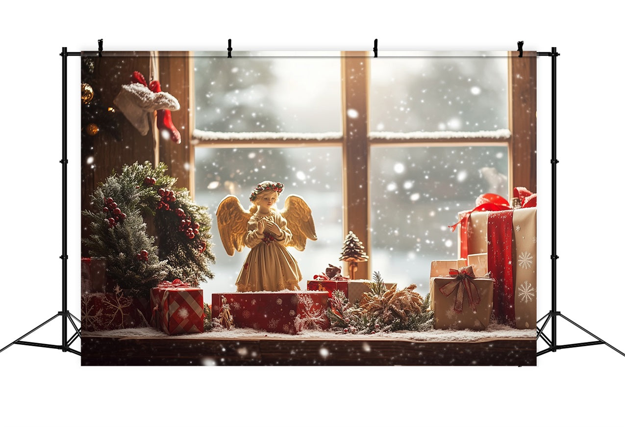 Sfondo Per Lo Sfondo Della Ghirlanda Di Fiocchi Di Neve Della Finestra Dell'Angelo Di Natale BRP11-203