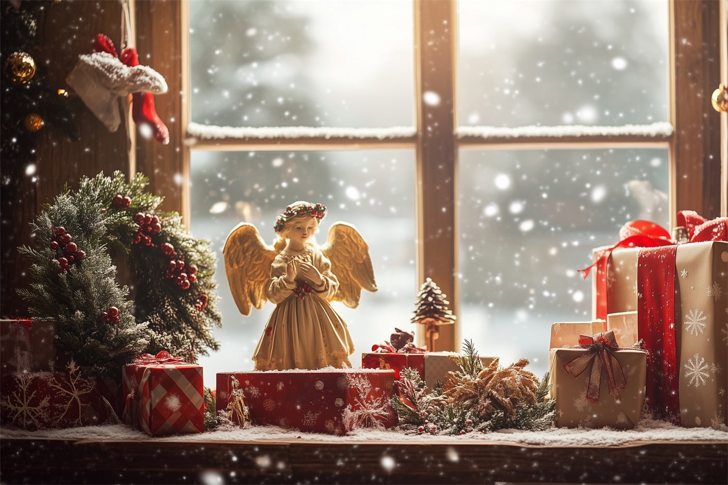 Sfondo Per Lo Sfondo Della Ghirlanda Di Fiocchi Di Neve Della Finestra Dell'Angelo Di Natale BRP11-203