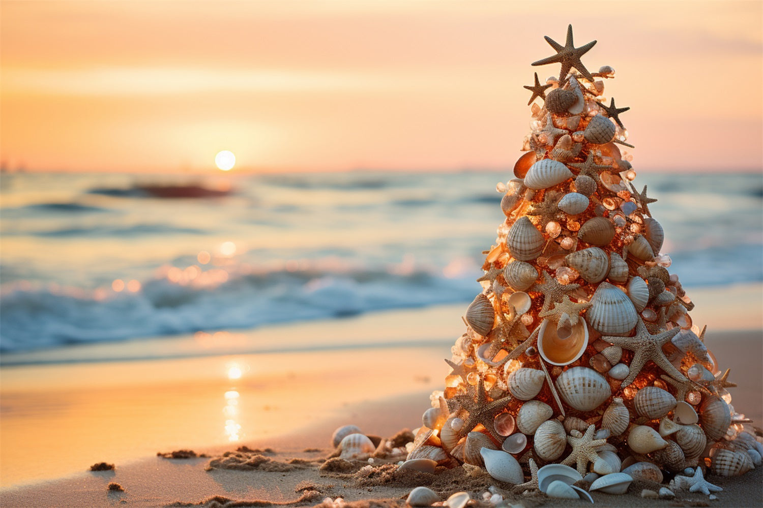 Sfondo Per Lo Sfondo Di Conchiglie Al Tramonto Sulla Spiaggia Di Natale BRP11-226