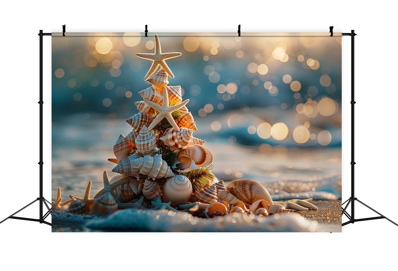 Sfondo In Tessuto Natalizio Sfondo Di Stelle Marine Albero Di Conchiglie Sulla Spiaggia BRP11-229