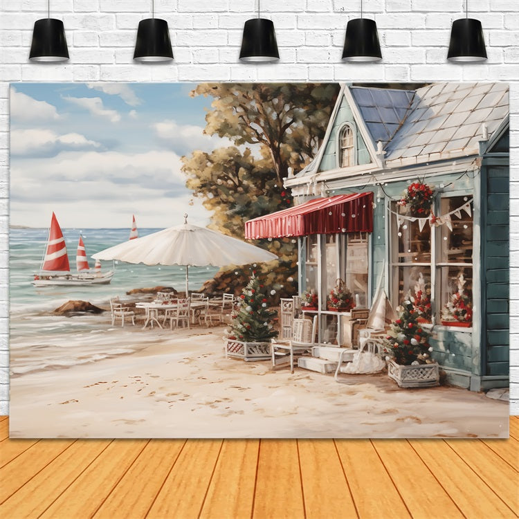 Sfondo Di Decorazioni Per Caffe Sullo Sfondo Della Spiaggia Di Natale BRP11-232