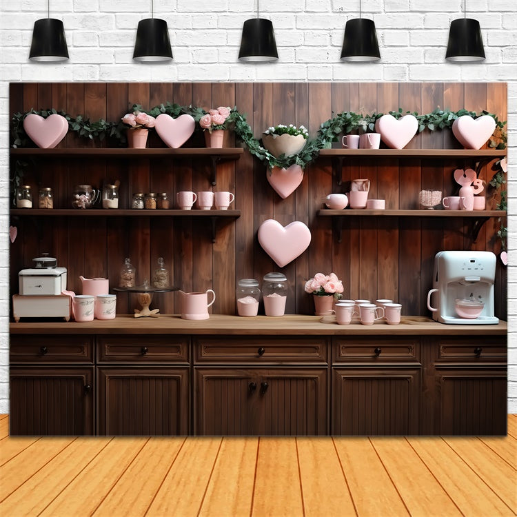 Fondali San Valentino Cucina In Legno A Tema Amore Sfondo Con Cuori Da Parete BRP11-285