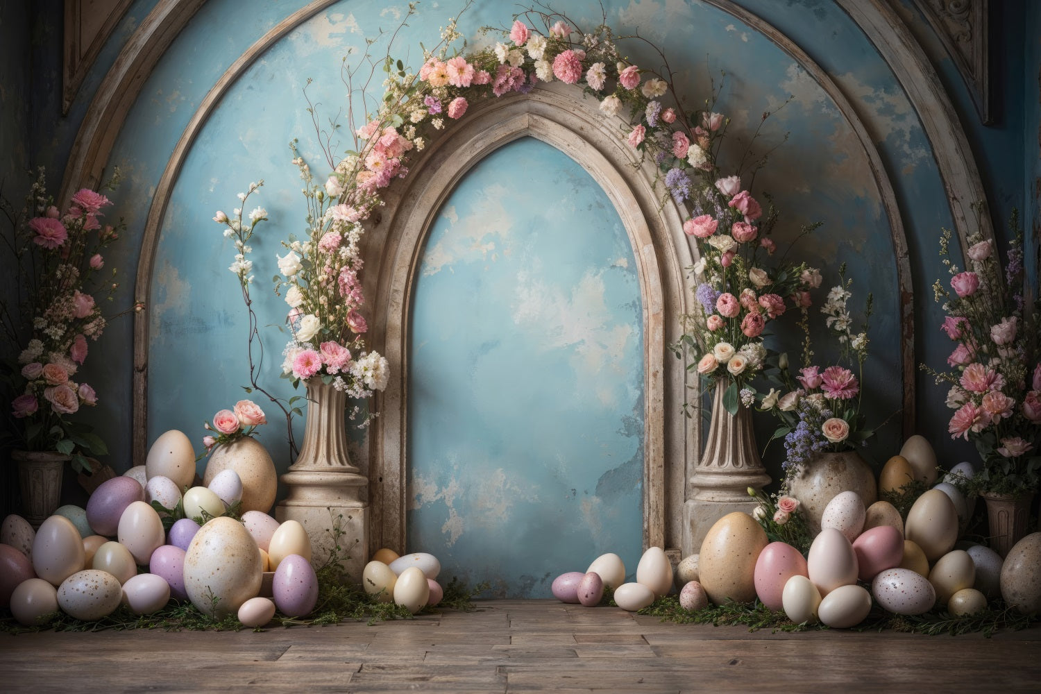 Sfondo Per Servizio Fotografico Di Pasqua Arco Di Uova Sfondo Floreale In Fiore BRP11-333