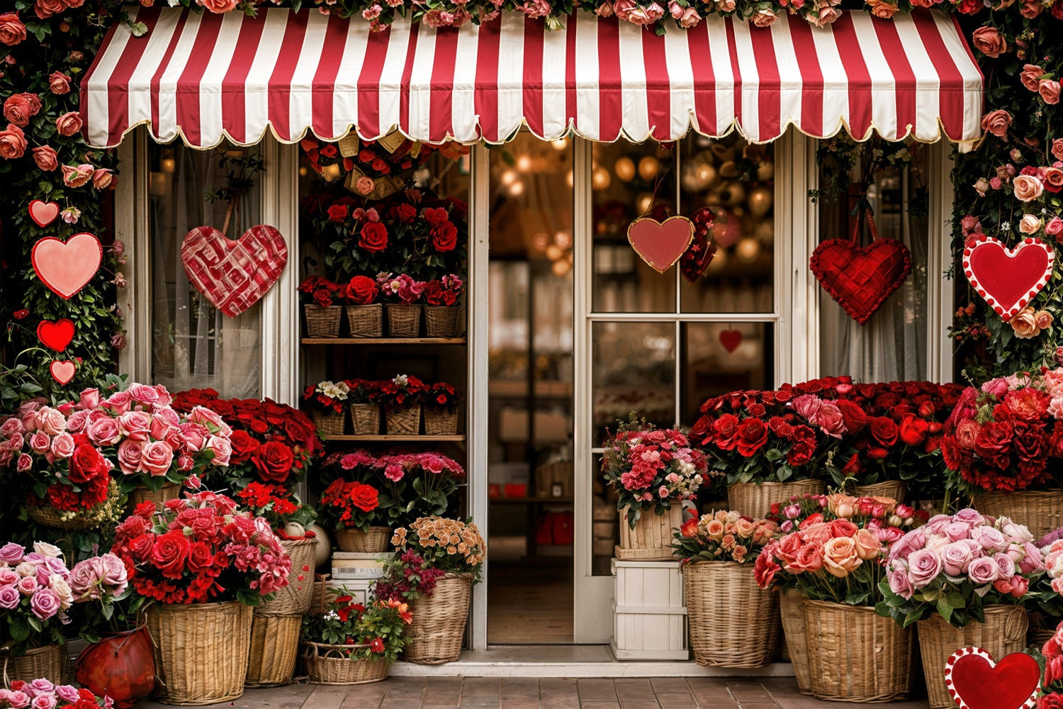 Idee Per Lo Sfondo Di San Valentino Sfondo Del Negozio Di Fiori Con Tenda A Strisce BRP11-384