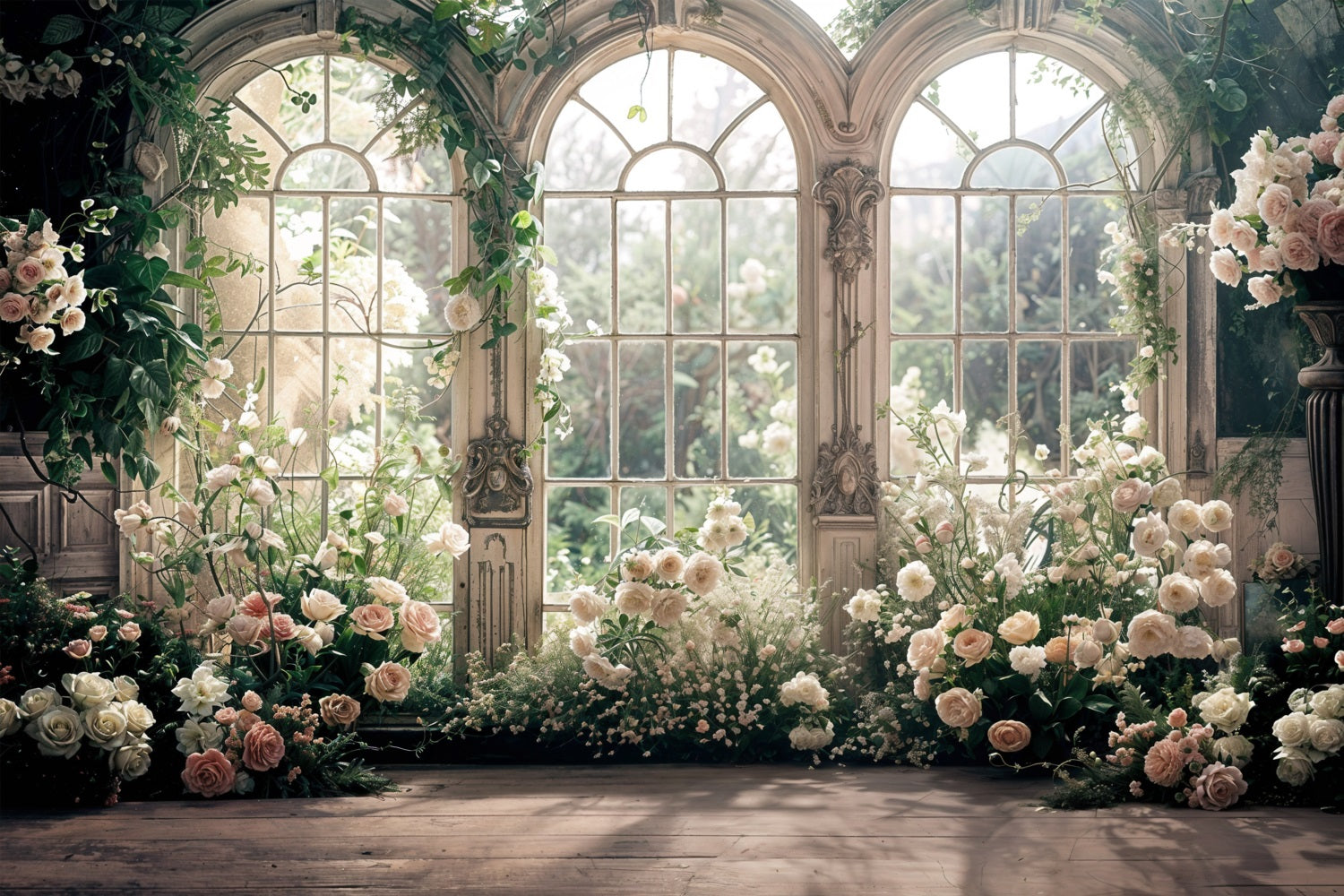 Sfondo Per Servizio Fotografico Di San Valentino Sfondo Floreale Con Finestra Ad Arco BRP11-401