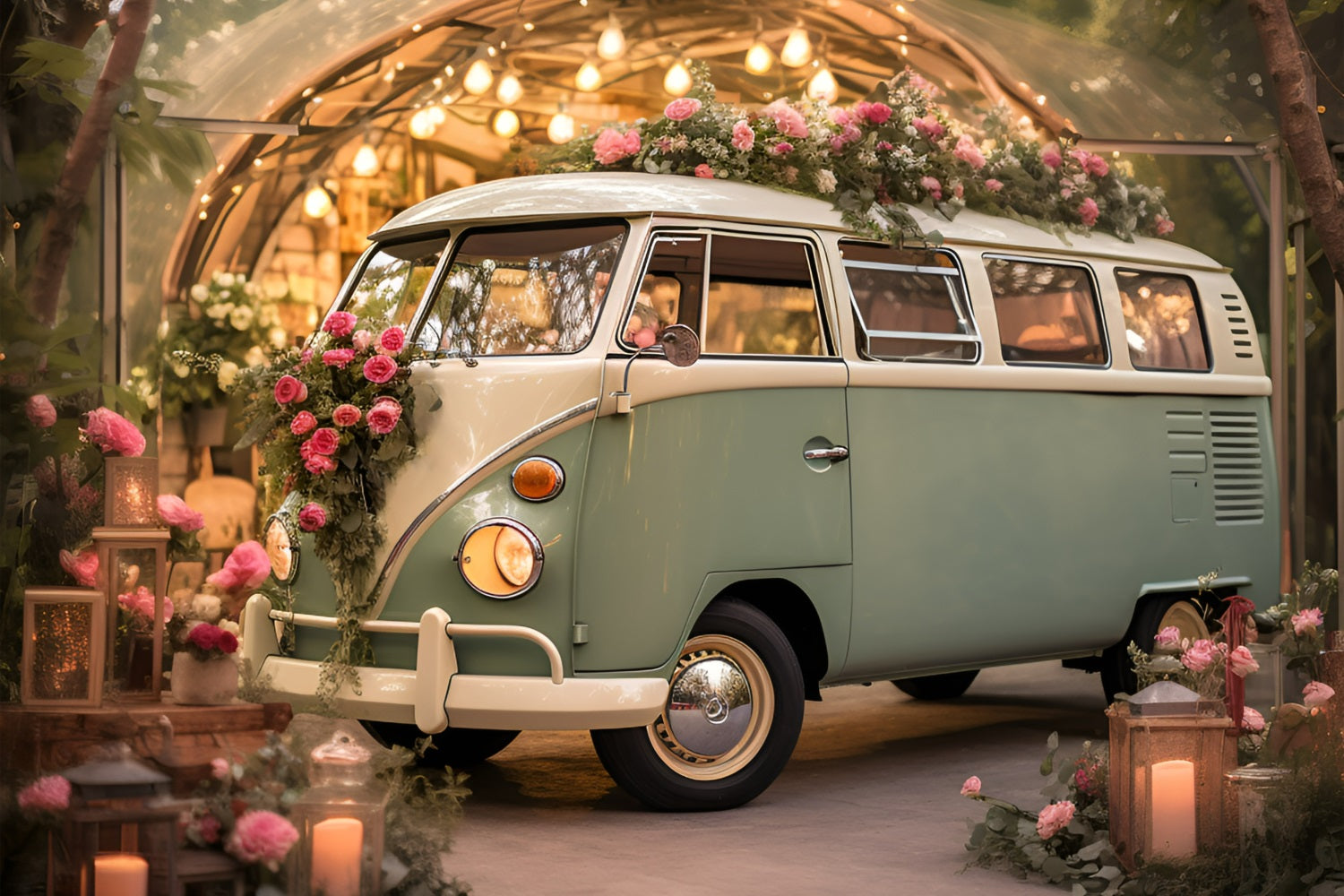 Servizio Fotografico Sfondo Di San Valentino Sfondo Di Matrimonio Floreale Con Autobus Verde BRP11-405