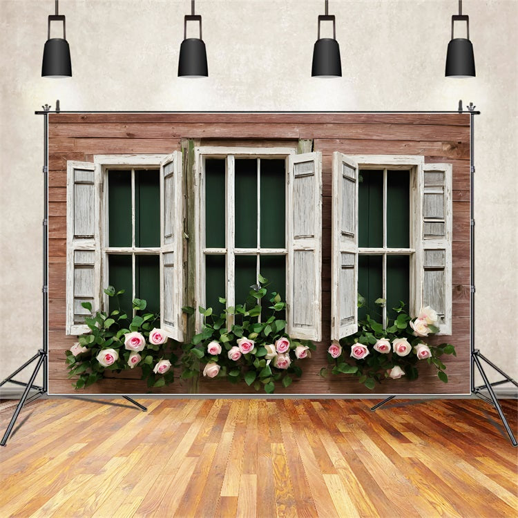 Fondali Di San Valentino Sfondo Di Finestre Rustiche Con Cornice Di Rose BRP11-418