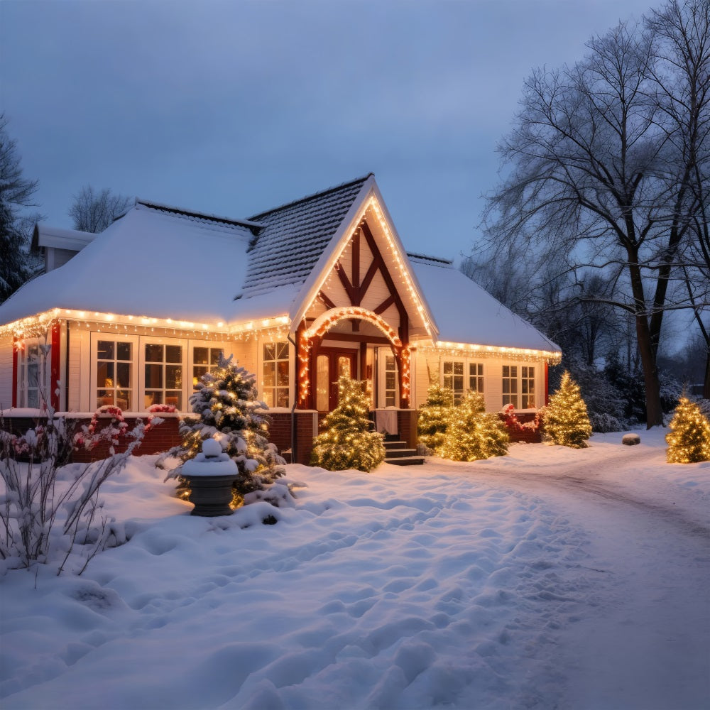 Sfondo Di Neve Invernale Cottage Con Luci Scintillanti Sullo Sfondo BRP11-43