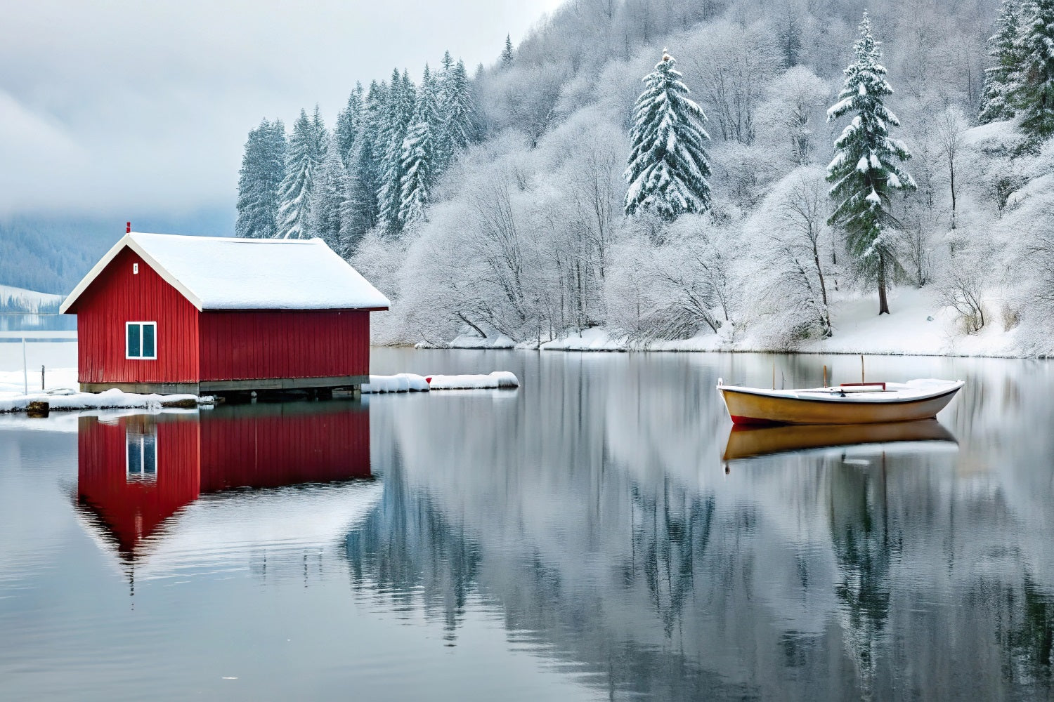 Sfondo Winter Wonderland Cabina Rossa Lago Ghiacciato Sfondo BRP11-493