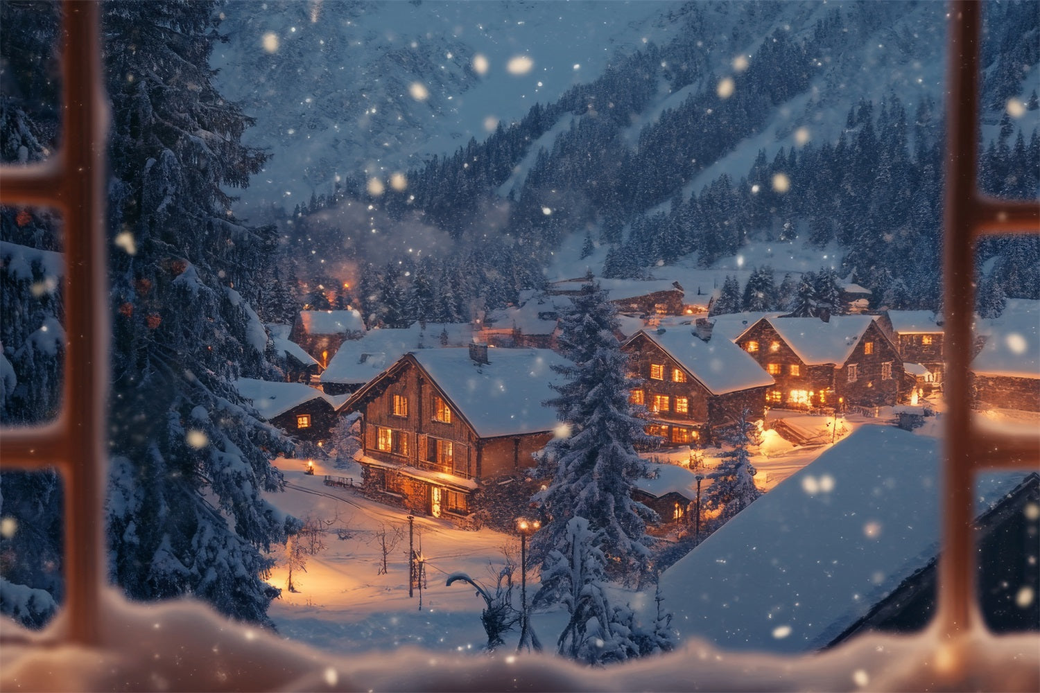 Fotografia Di Sfondo Invernale Villaggio Scintillante Attraverso Lo Sfondo Della Finestra BRP11-498