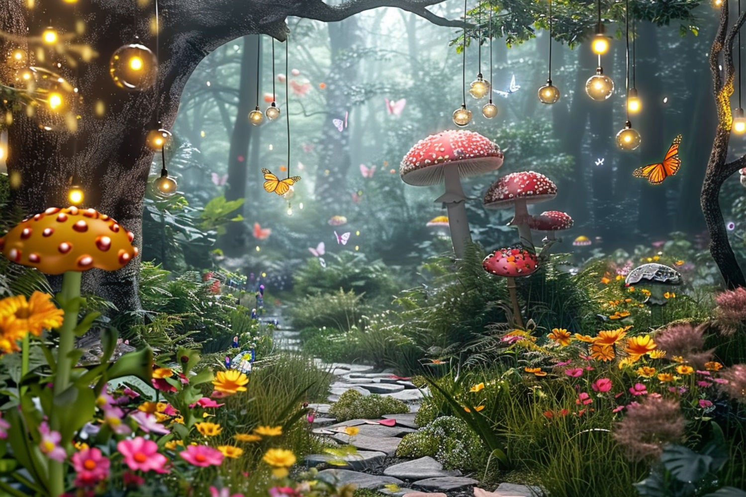 Fondali Fotografici Primaverili Funghi Sentieri Nel Bosco Farfalle Sfondo BRP11-510