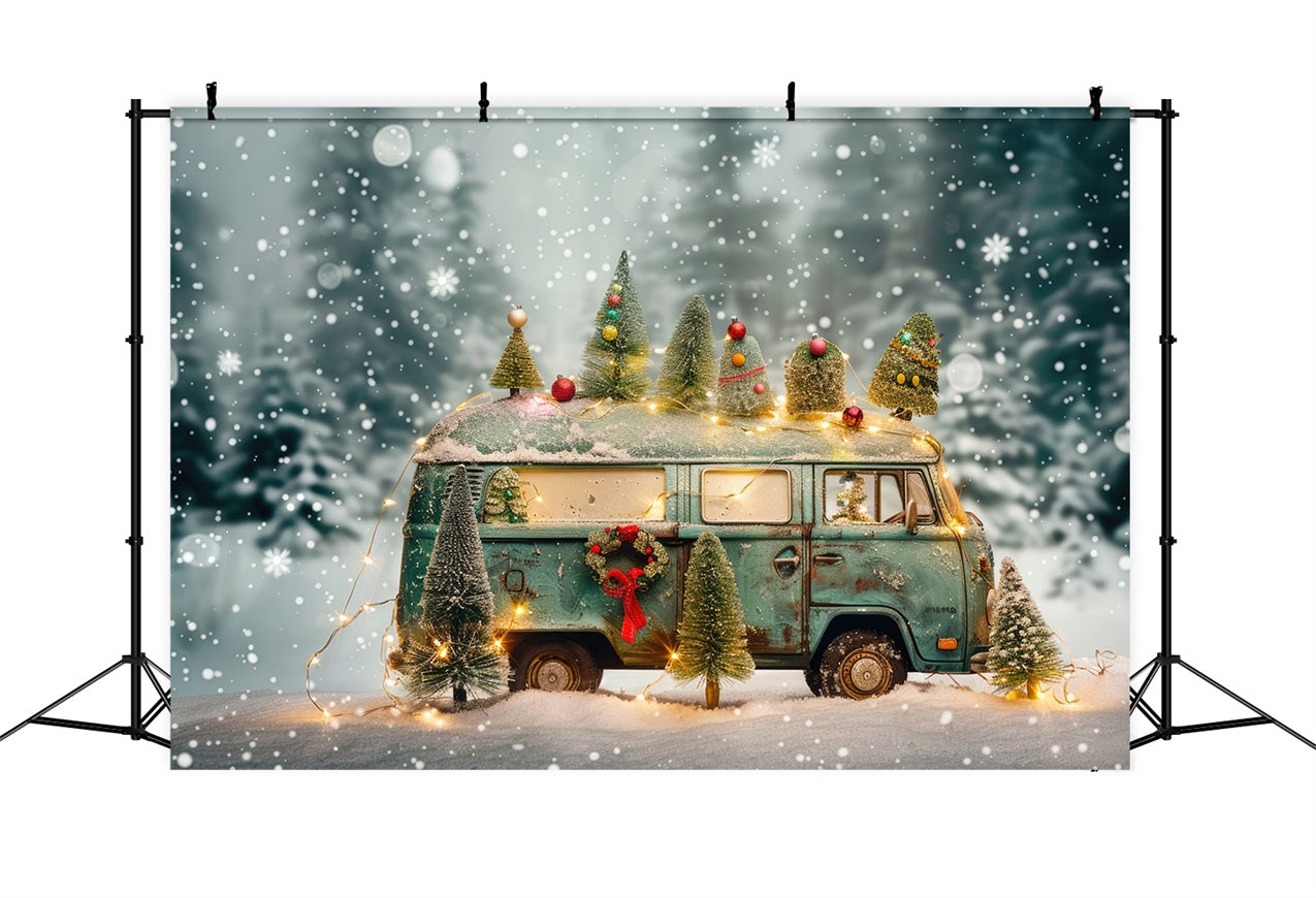 Sfondo Scena Invernale Luci Natalizie Sfondo Furgone Vintage BRP11-54