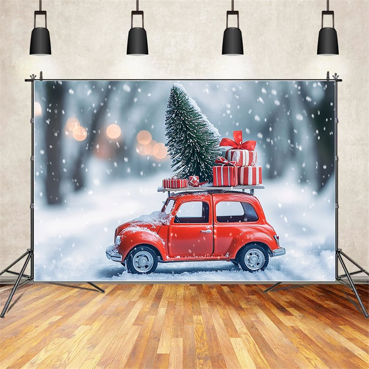Sfondo Del Paese Delle Meraviglie Invernali Sfondo Di Auto Rossa Carica Di Regali BRP11-56