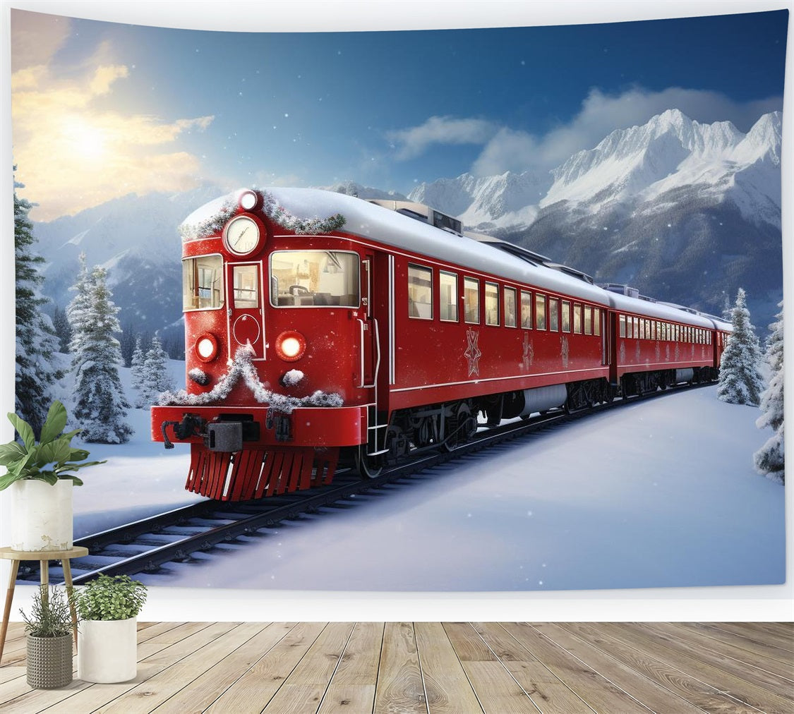 Fondali Scena Invernale Sfondo Di Montagne Innevate Del Treno Rosso BRP11-59