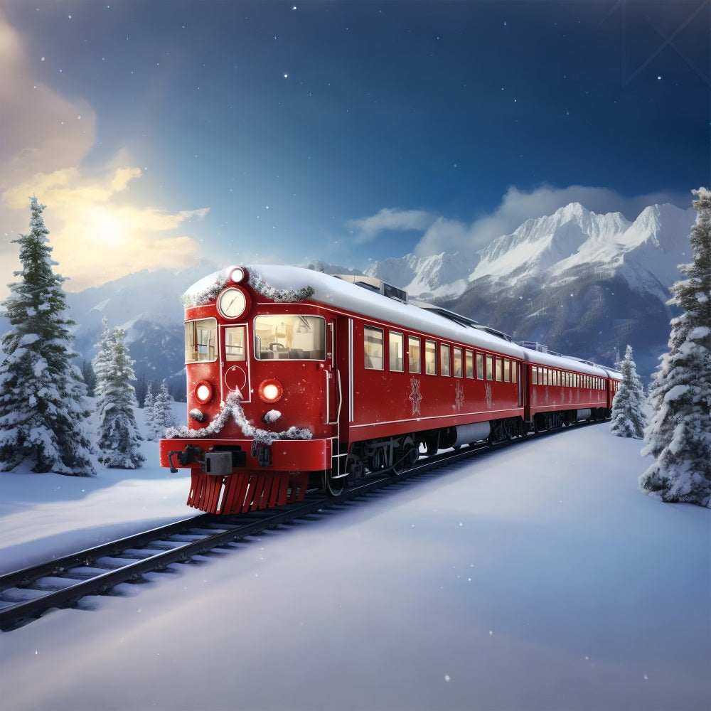 Fondali Scena Invernale Sfondo Di Montagne Innevate Del Treno Rosso BRP11-59