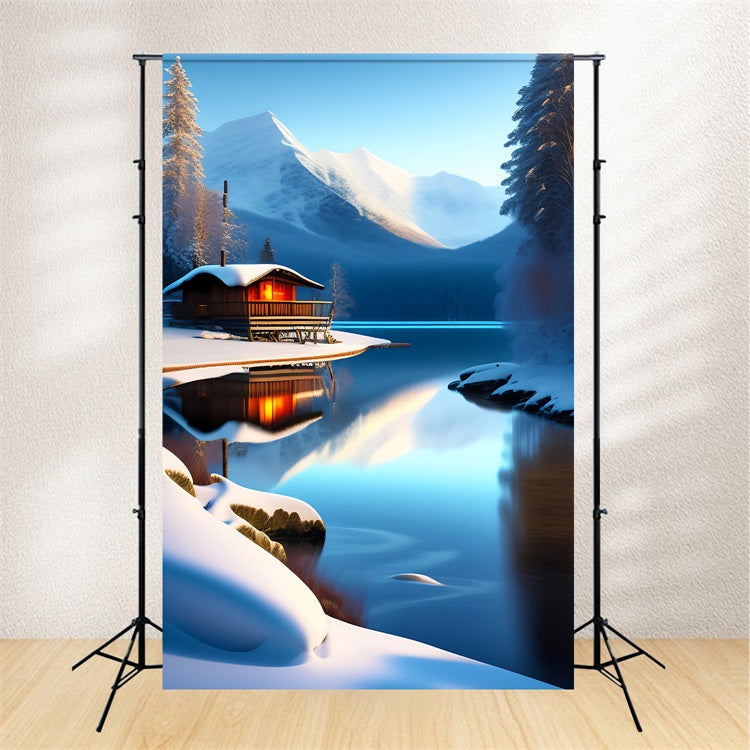 Fondali Scena Invernale Cabina Montagna Riflessioni Lago Sfondo BRP11-71