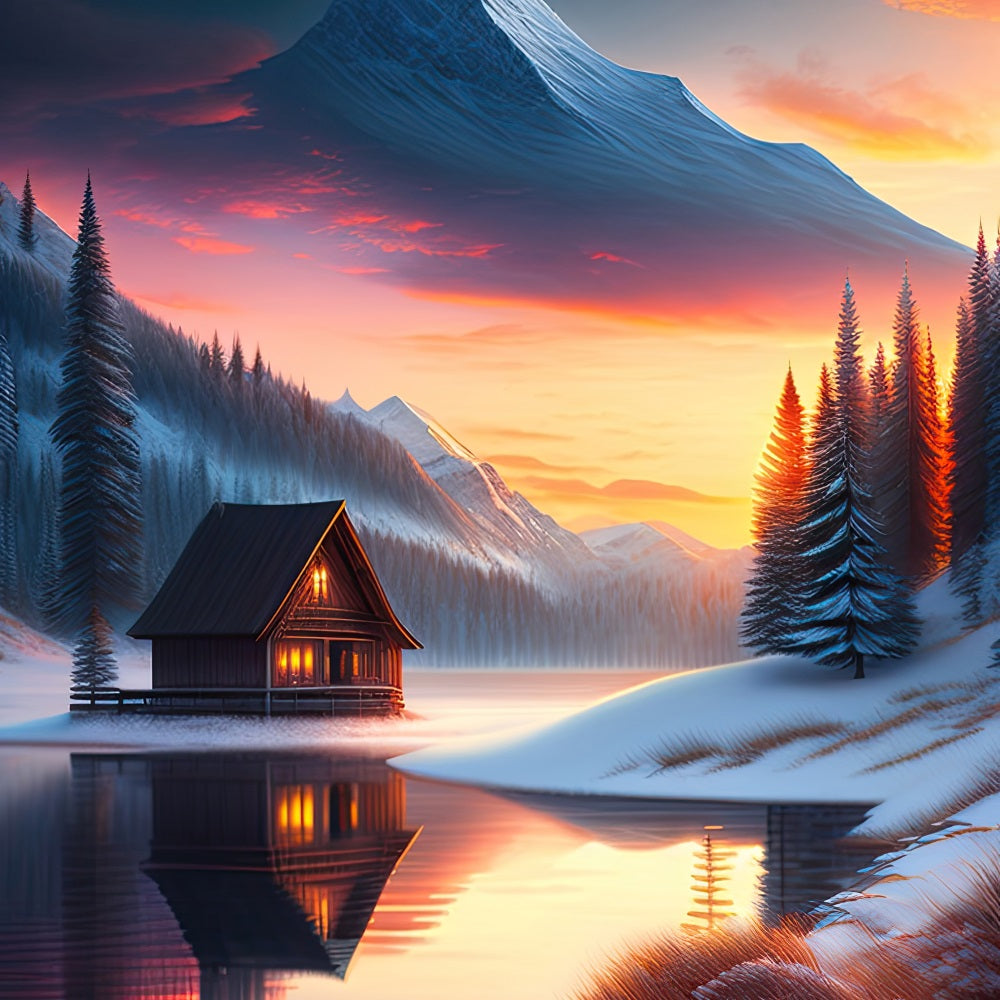 Scene Di Sfondo Invernale Cabina Lago Ghiacciato Sfondo BRP11-72
