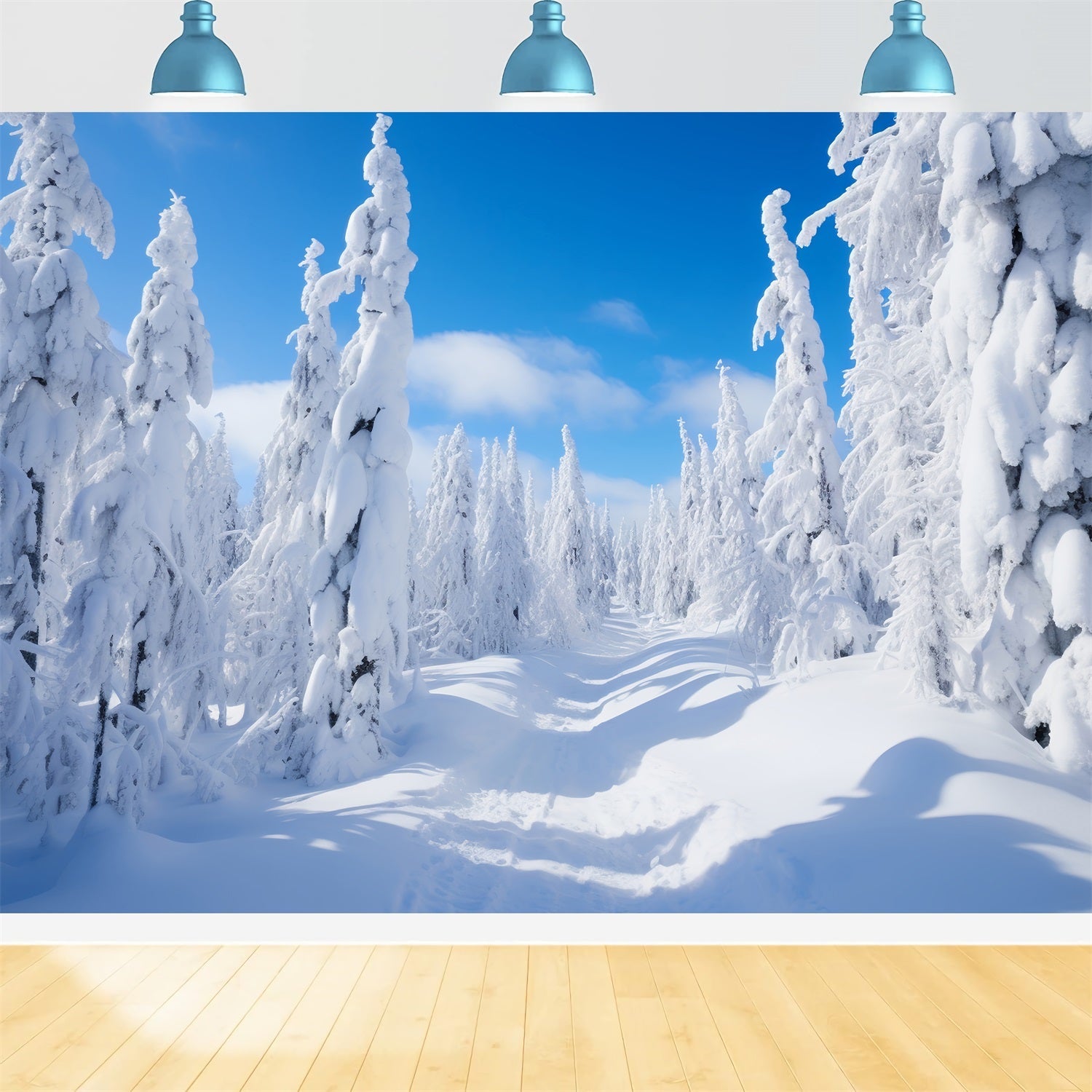 Fondali Fotografici Invernali Sfondo Cielo Luminoso Alberi Di Pino BRP11-8