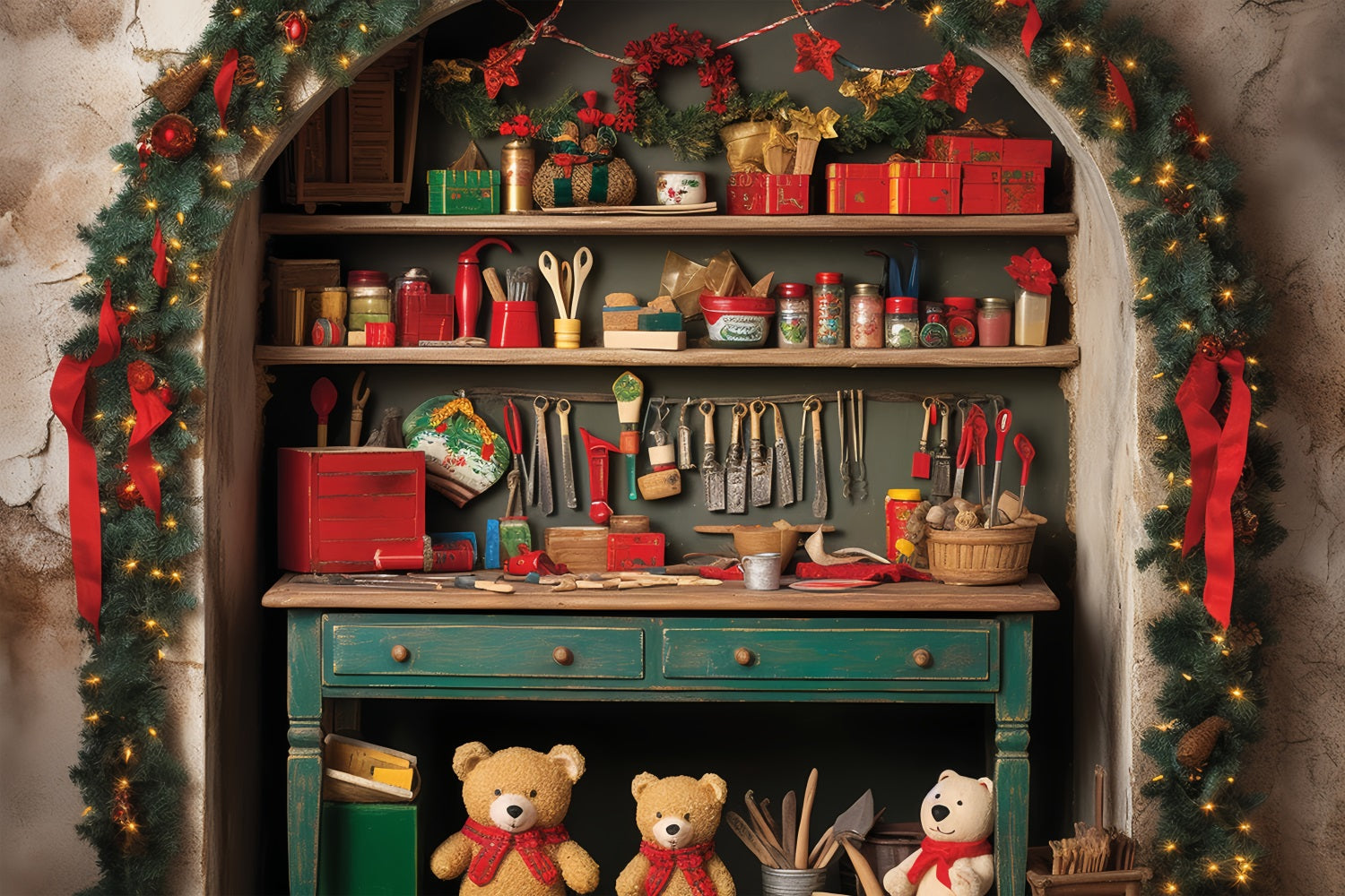 Sfondo Fotografico Natalizio Sfondo Di Allegri Mestieri Del Laboratorio Di Babbo Natale BRP11-87