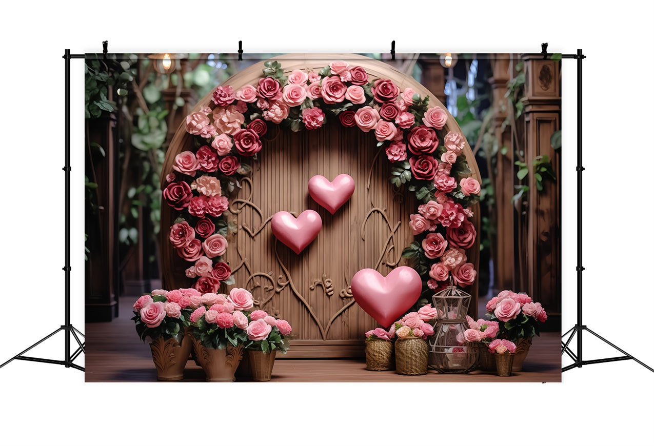 Fondali Fotografici Per San Valentino Sfondo Con Cuore Floreale Ad Arco In Legno BRP12-173