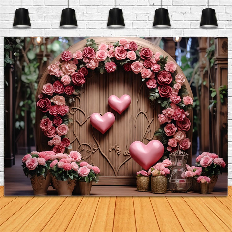 Fondali Fotografici Per San Valentino Sfondo Con Cuore Floreale Ad Arco In Legno BRP12-173