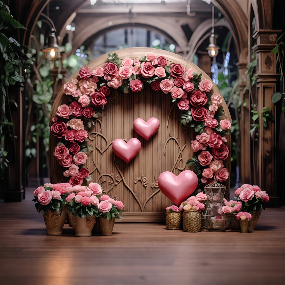 Fondali Fotografici Per San Valentino Sfondo Con Cuore Floreale Ad Arco In Legno BRP12-173