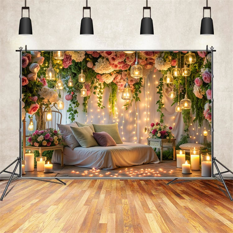 Fondali Di San Valentino Elegante Camera Da Letto A Lume Di Candela Fiori Sullo Sfondo BRP12-223