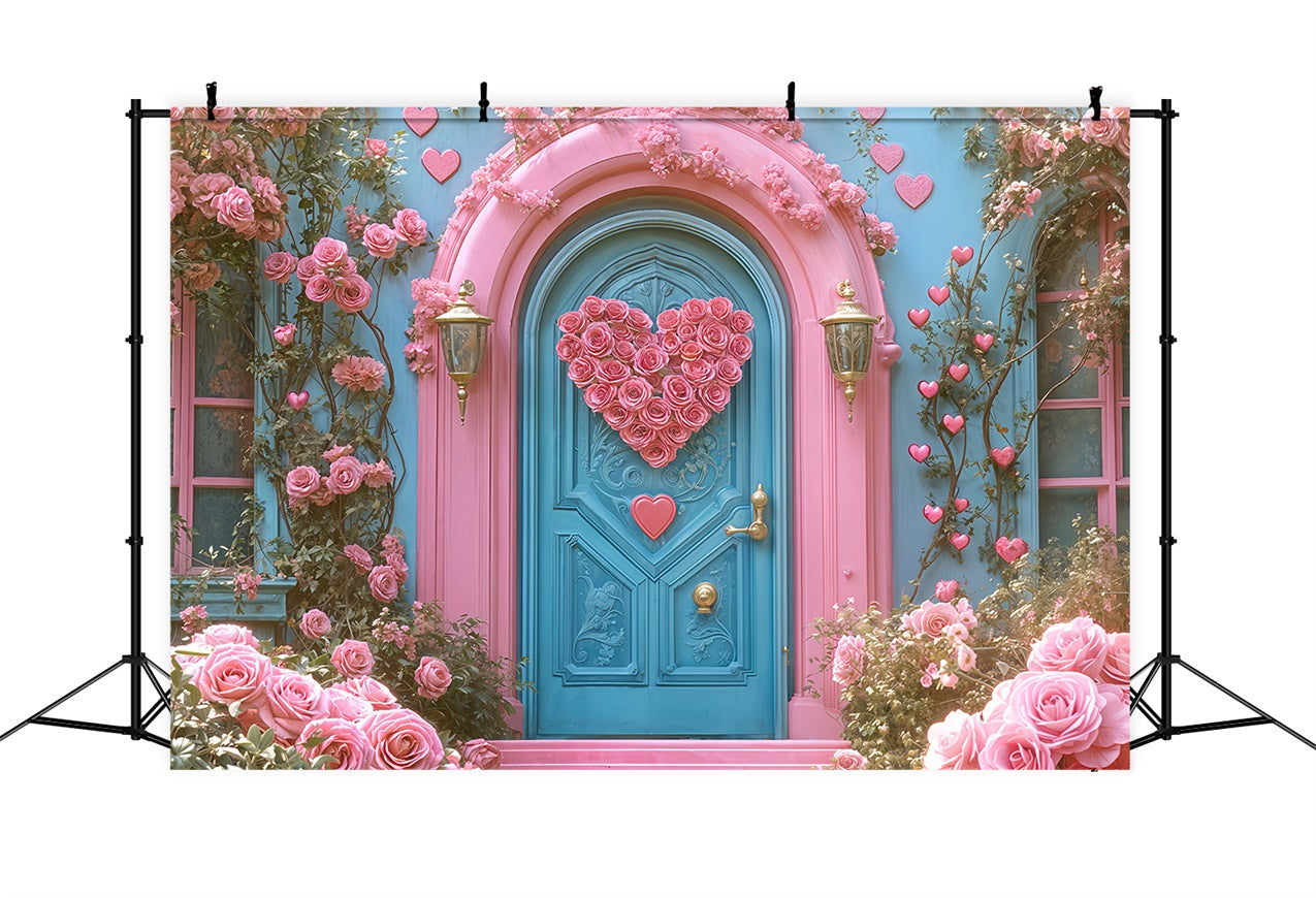 Fondali Di San Valentino Sfondo Di Porta Blu Con Cuore Di Rosa Rosa BRP12-261