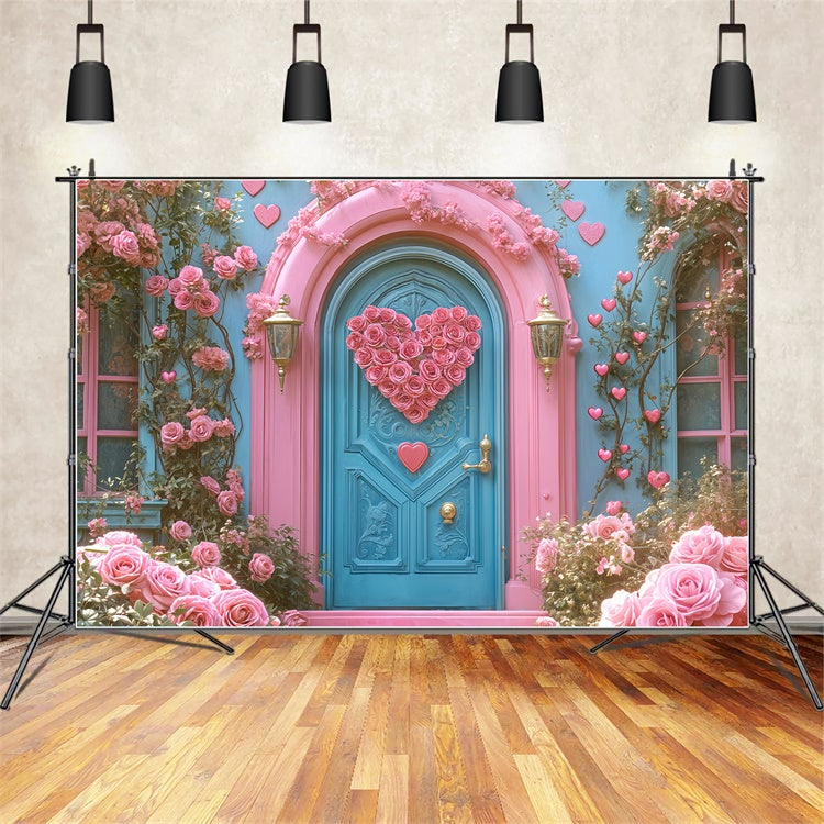 Fondali Di San Valentino Sfondo Di Porta Blu Con Cuore Di Rosa Rosa BRP12-261