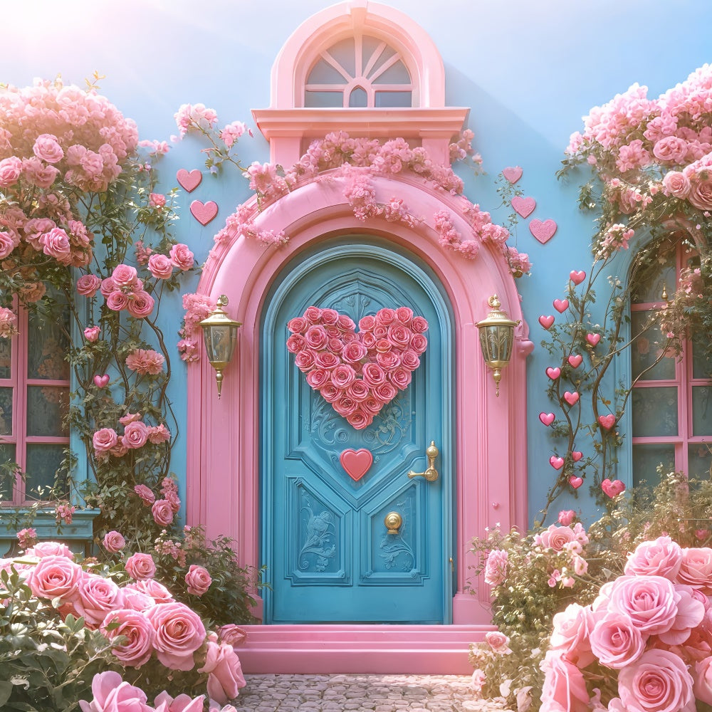 Fondali Di San Valentino Sfondo Di Porta Blu Con Cuore Di Rosa Rosa BRP12-261