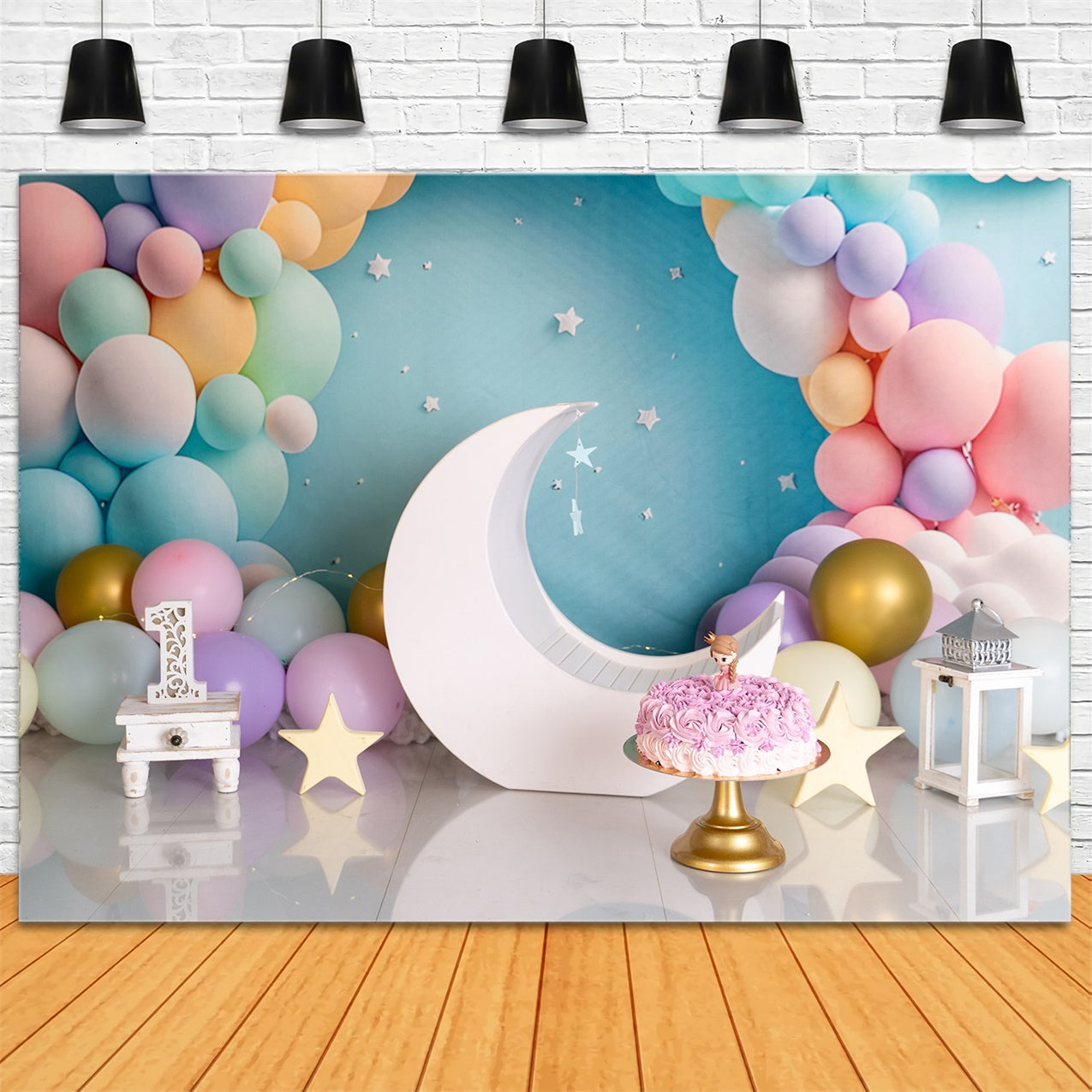Fondali Di Compleanno Su Misura Palloncini Pastello Sfondo Luna BRP12-300