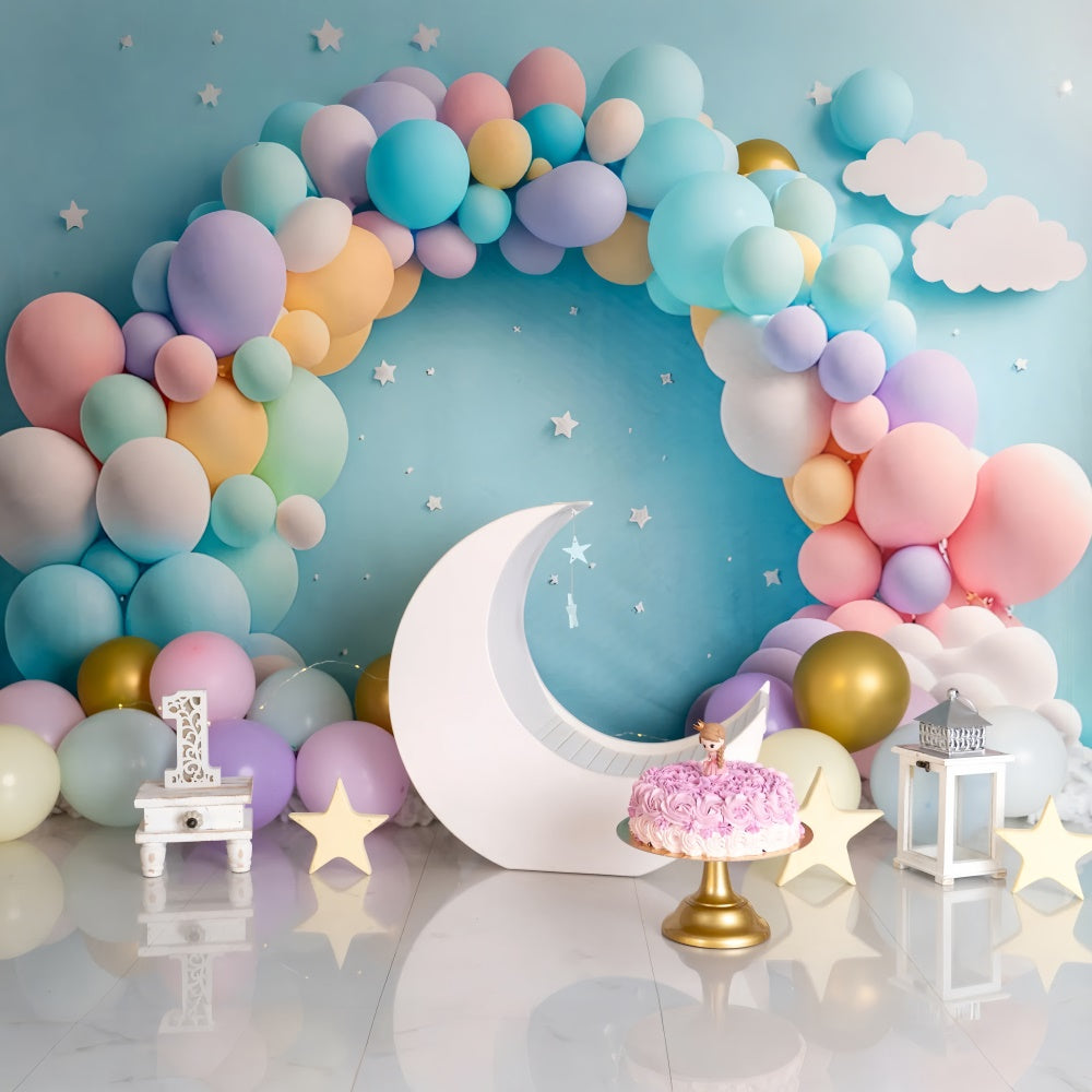 Fondali Di Compleanno Su Misura Palloncini Pastello Sfondo Luna BRP12-300