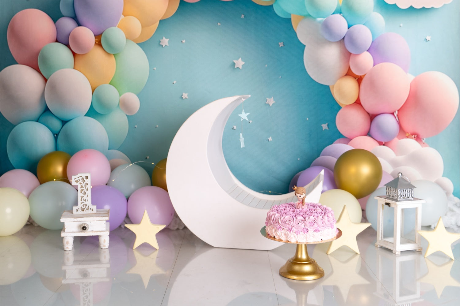 Fondali Di Compleanno Su Misura Palloncini Pastello Sfondo Luna BRP12-300