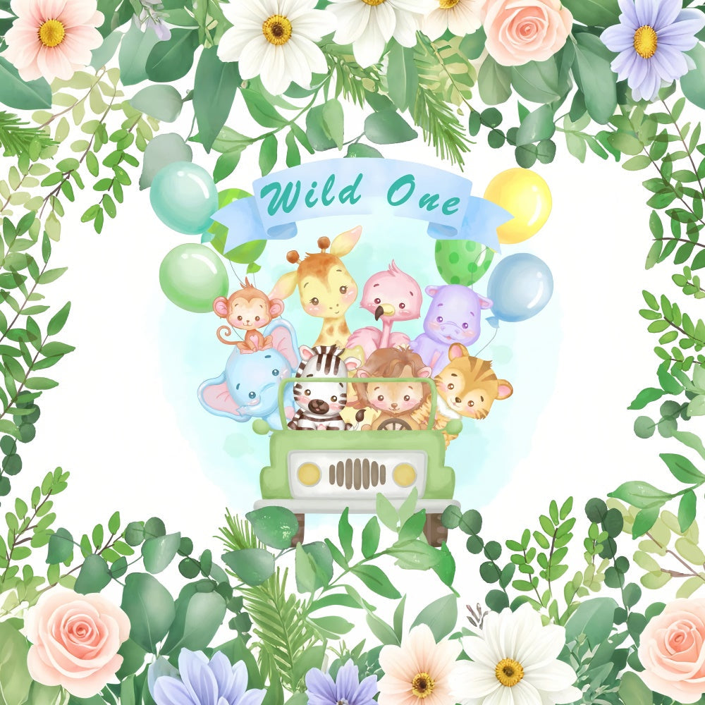 Sfondo Di Compleanno Personalizzato Sfondo Di Palloncini Wild One Safari Animals BRP12-302