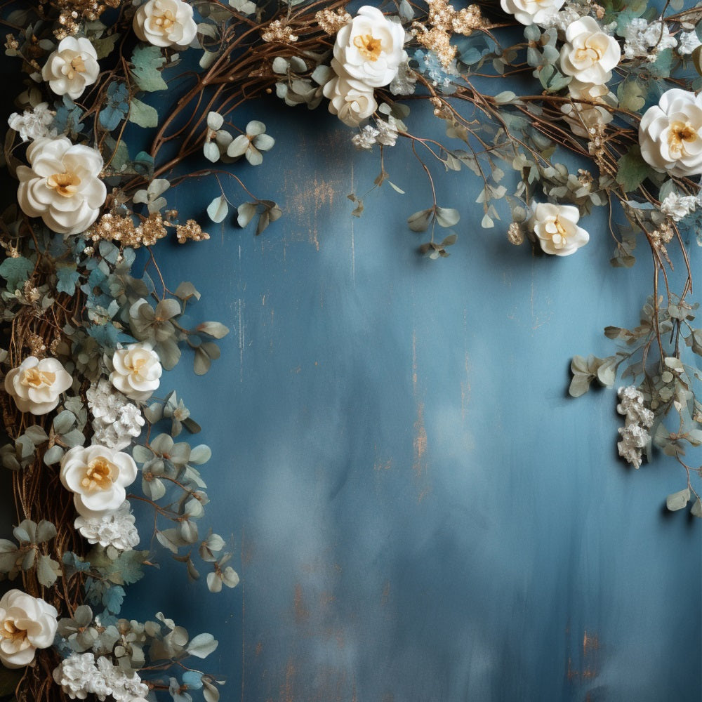 Fondali Fotografici Di Maternita Sfondo Da Parete Blu Floreale Bianco BRP12-45