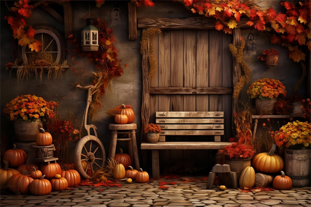 Sfondo Porta In Legno Di Zucca Foglia D'Acero Autunnale BRP7-132