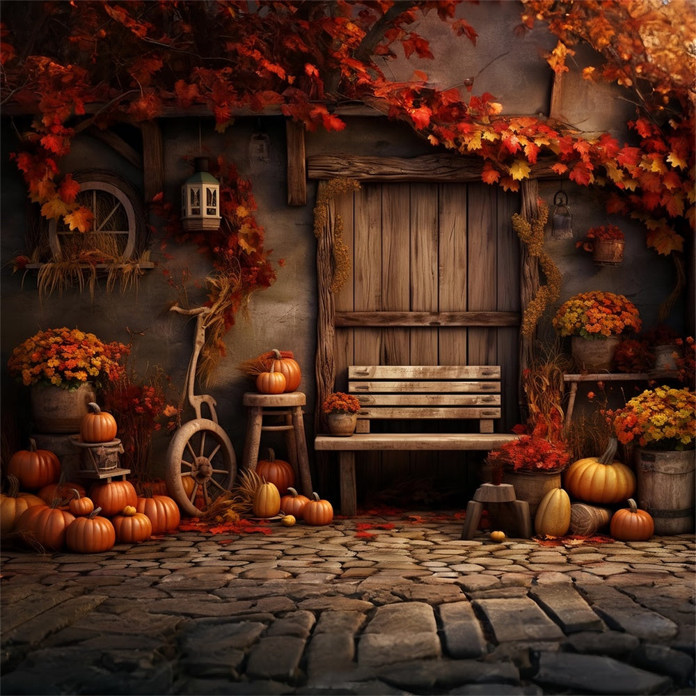 Sfondo Porta In Legno Di Zucca Foglia D'Acero Autunnale BRP7-132