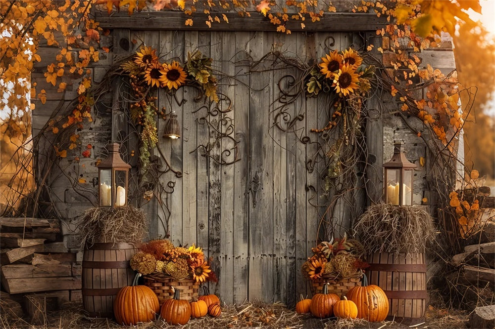 Sfondo Di Zucca Con Foglie Di Porta In Legno Autunnale BRP7-136