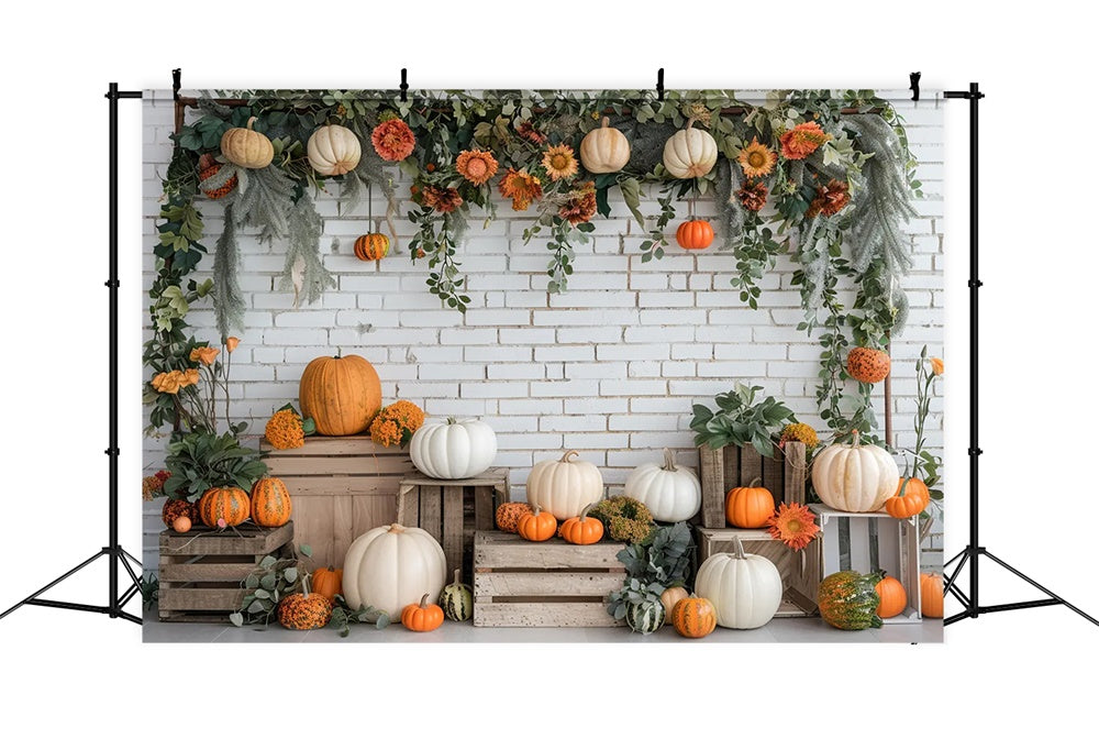 Sfondo Autunnale Con Supporto Di Zucca In Mattoni Bianchi BRP7-140