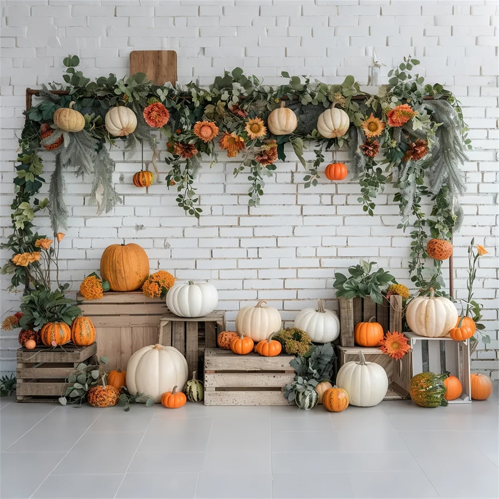 Sfondo Autunnale Con Supporto Di Zucca In Mattoni Bianchi BRP7-140