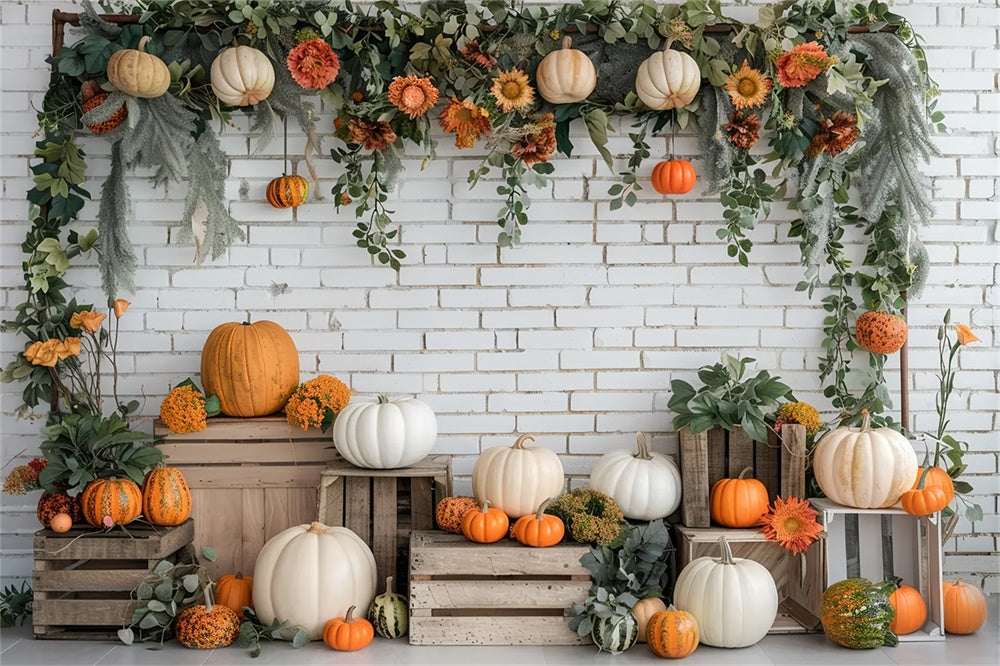 Sfondo Autunnale Con Supporto Di Zucca In Mattoni Bianchi BRP7-140