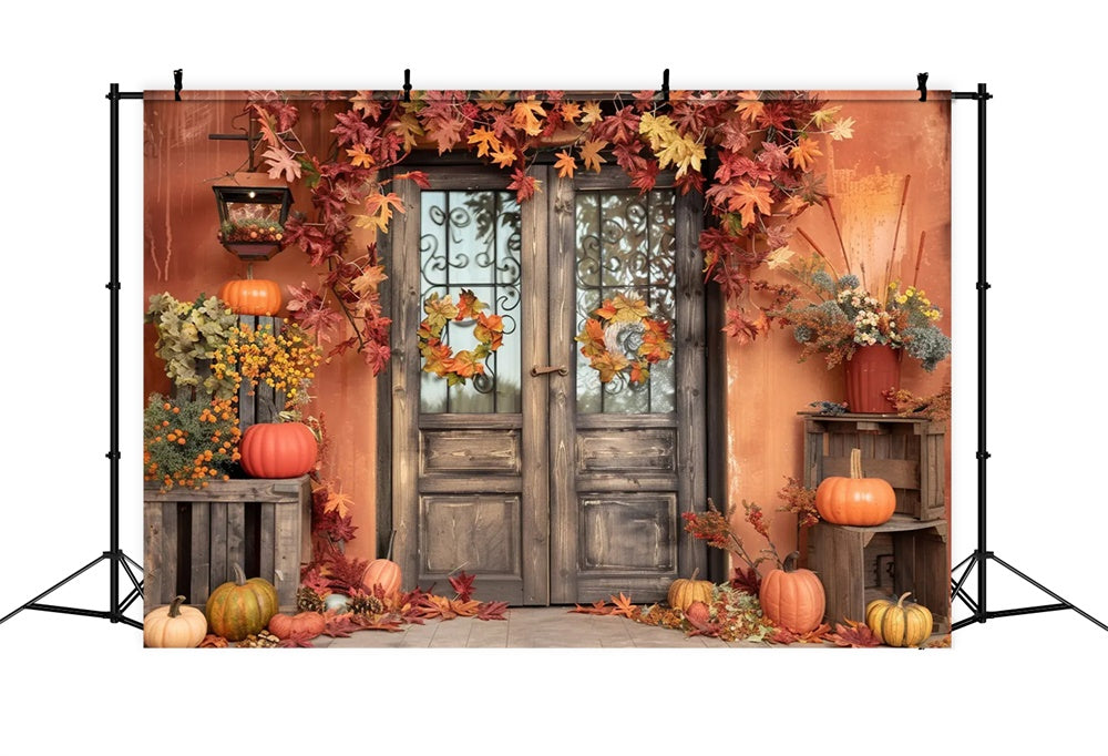 Parete Arancione Autunnale Con Foglie Di Zucca Sullo Sfondo BRP7-157