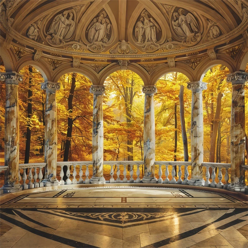 Sfondo Dell'Arco In Marmo Con Fogliame Autunnale Dorato BRP7-213