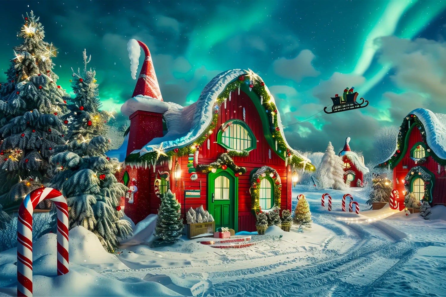 Casa Degli Elfi Di Natale Con Sfondo Aurora BRP7-218