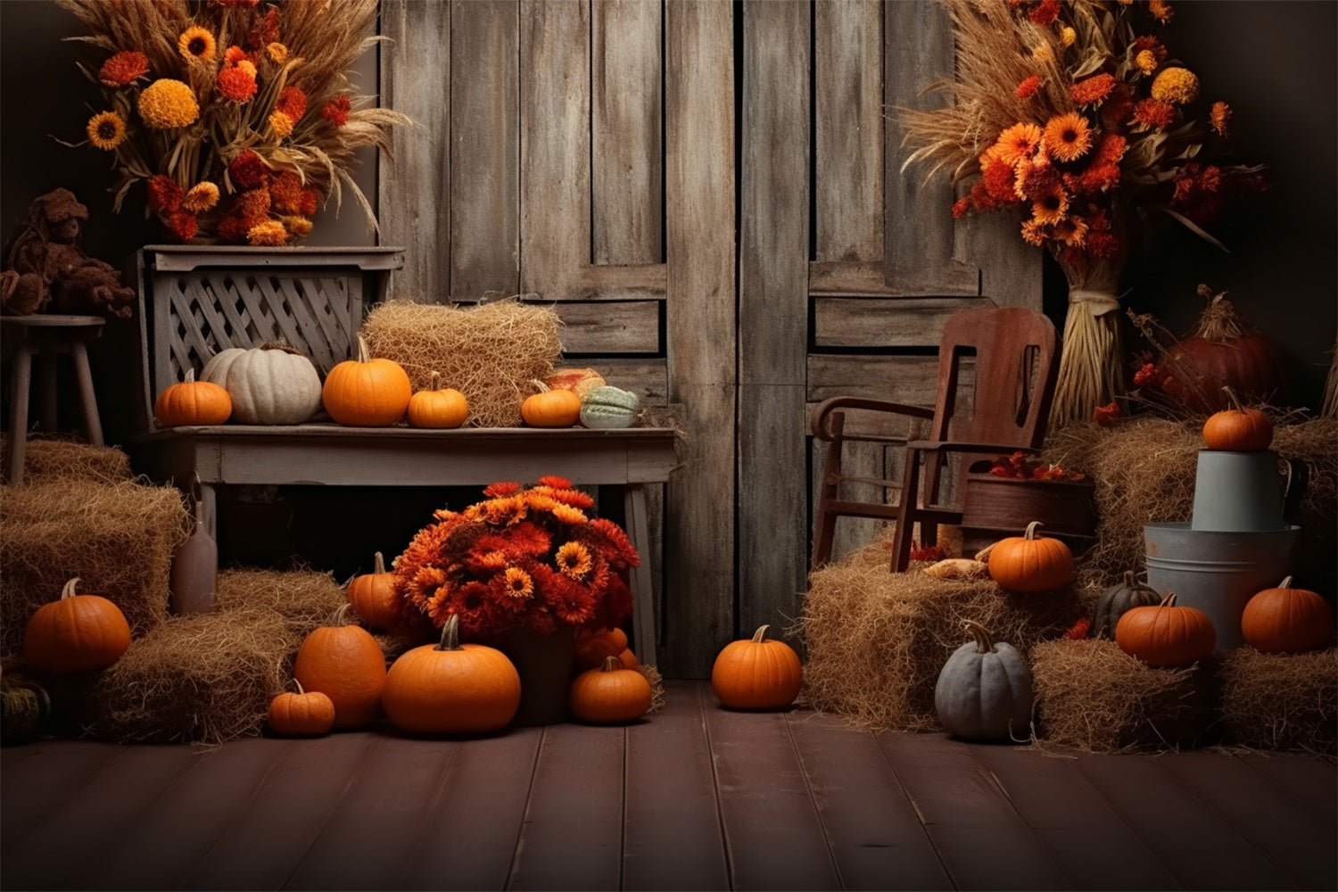 Fienile Di Zucca Autunnale Con Sfondo Di Porta In Legno BRP7-78